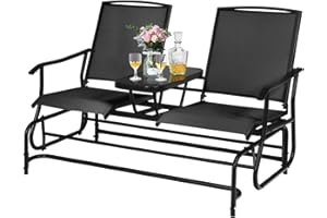 GENERIC ReunionG 2-Person Outdoor Glider Chair, Patio Glider Bench Loveseat w/Tempered Glass Center Table & Sturdy Metal Frame, Black
