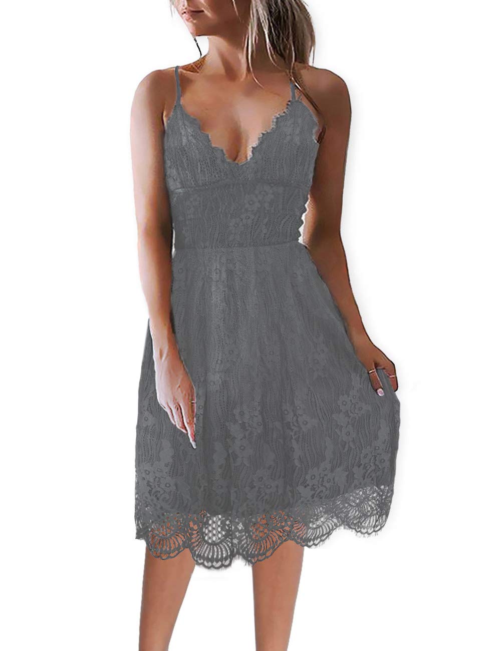 AOOKSMERY Women Summer V-Neck Spaghetti Straps Lace Backless Party Club Beach Mini Midi Dresses