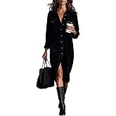 chouyatou Women's Fall Corduroy Button Down Shirt Dress Casual Lapel a Line Pleated Tunic Shift Midi Long Dress