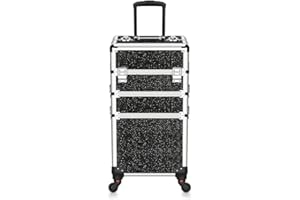 OUDMAY Makeup Case - 3 In 1 Aluminum Professional Rolling Cosmetic Beauty Storage With Folding Trays and Large Compartments Black Diamond