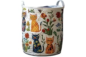 Cat Quilted Laundry Basket – Original Handmade Quilted Fabric Storage Bin for Clothes & Home Organization (G,Small (14" x 18"