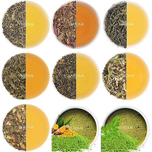 VAHDAM Grüner Tee Geschenkset Probierbox | 10 Sorten Loseblatttee | Premium Himalaya-Mischungen | Niedriger Koffeingehalt | Geschenkideen für Frauen und Männer | Vakuumversiegelt für Frische