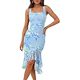 MEROKEETY Women's 2026 Summer Floral Bodycon Dress Square Neck Sleeveless Ruffle Cocktail Mesh Beach Vacation Midi Dresses