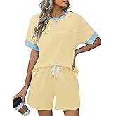 Rapbin Comfy Summer Sets with Pockets Loose Fit Color Block Design Matching 2 Piece Sets with Drawstring Waist