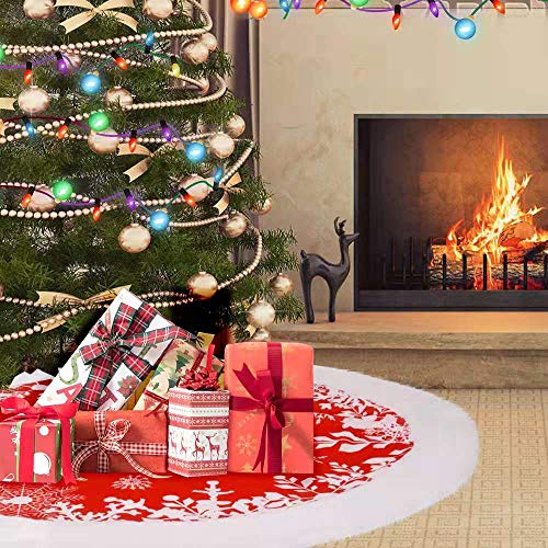 sanipoe Christmas Tree Skirts, 48 inches Tree Skirt Decorations Faux Fur Skirt with Snowflakes, New Year Party Rustic Xmas Tree Holiday Ornaments, Red & White - Thumbnail 7