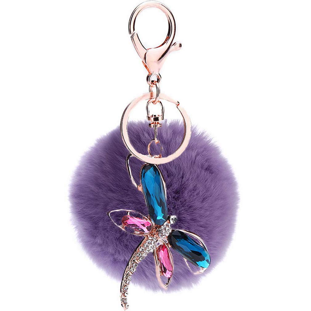 JK Home Dragonfly Pendant Ball Pom Pom Keychain for Car Phone Bag Toy Purple