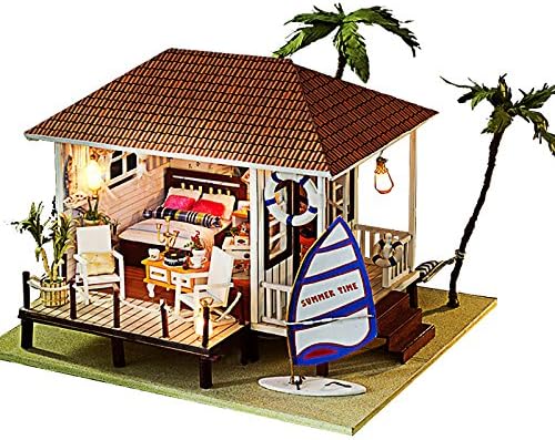 Architecture Model Building Kits with Furniture LED Music Box Miniature Wooden Dollhouse Seaside House Series 3D Puzzle Challenge