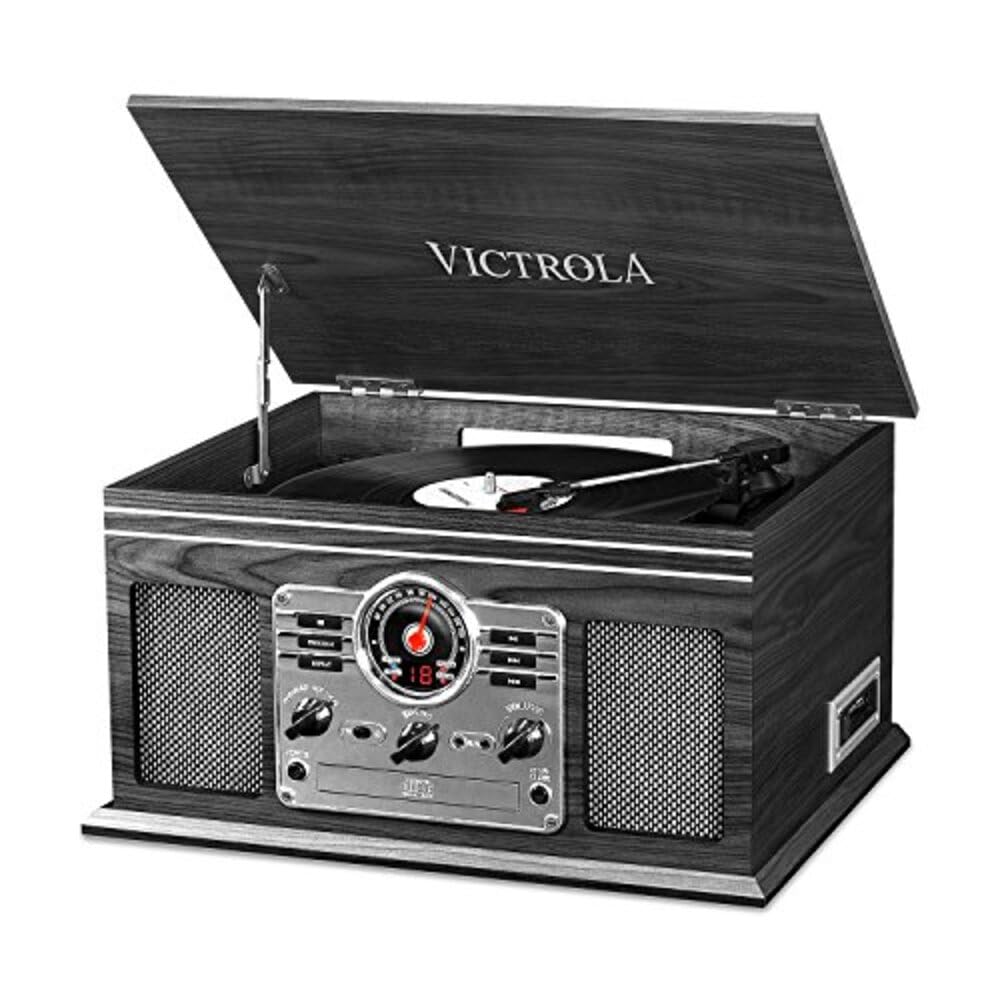 Photo 1 of Victrola Nostalgic 6-in-1 Bluetooth Record Player & Multimedia Center with Built-in Speakers - 3-Speed Turntable, CD & Cassette Player, AM/FM Radio | Wireless Music Streaming | Grey | wood