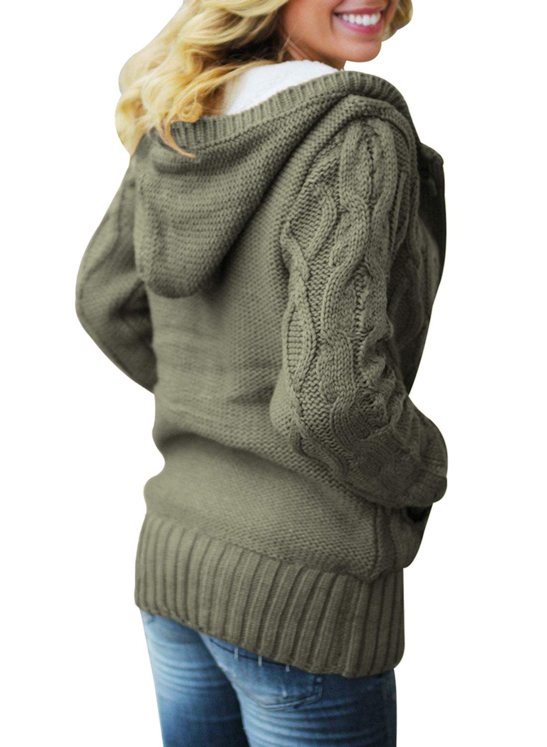Sidefeel Women Hooded Knit Cardigans Button Cable Sweater Coat - Image 3