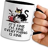 NAHMAKNE Funny Black Cat Coffee Mug, It's Fine I'm Fine, 11oz Ceramic Double Sided Print Coffee Tea Cup, Humor Mug Gifts for Women Men Cat Lovers, Christmas Birthday Gifts for Colleague Boss Friend