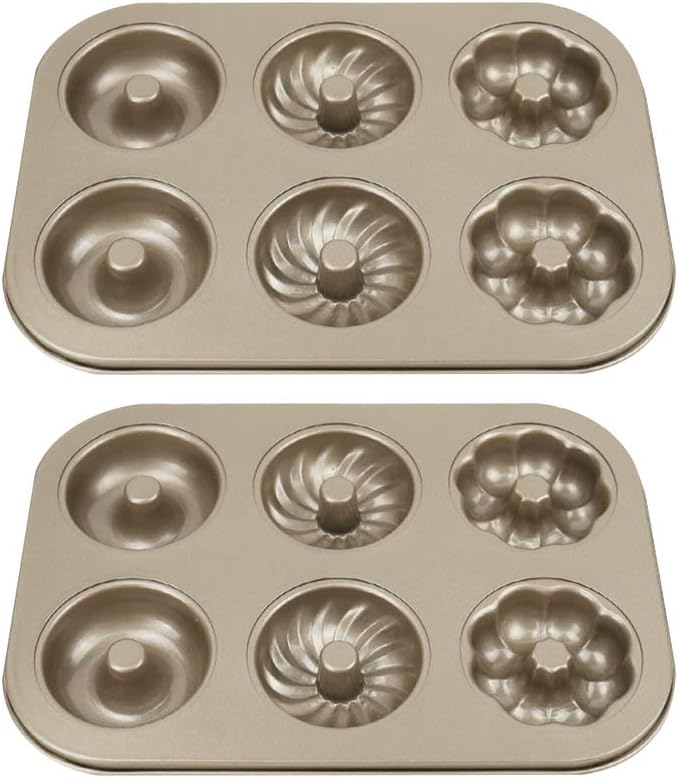Exttlliy 2Pcs 6-Cavity Nonstick Donut Baking Pans Carbon Steel Cake Donut Molds (Champagne Gold)