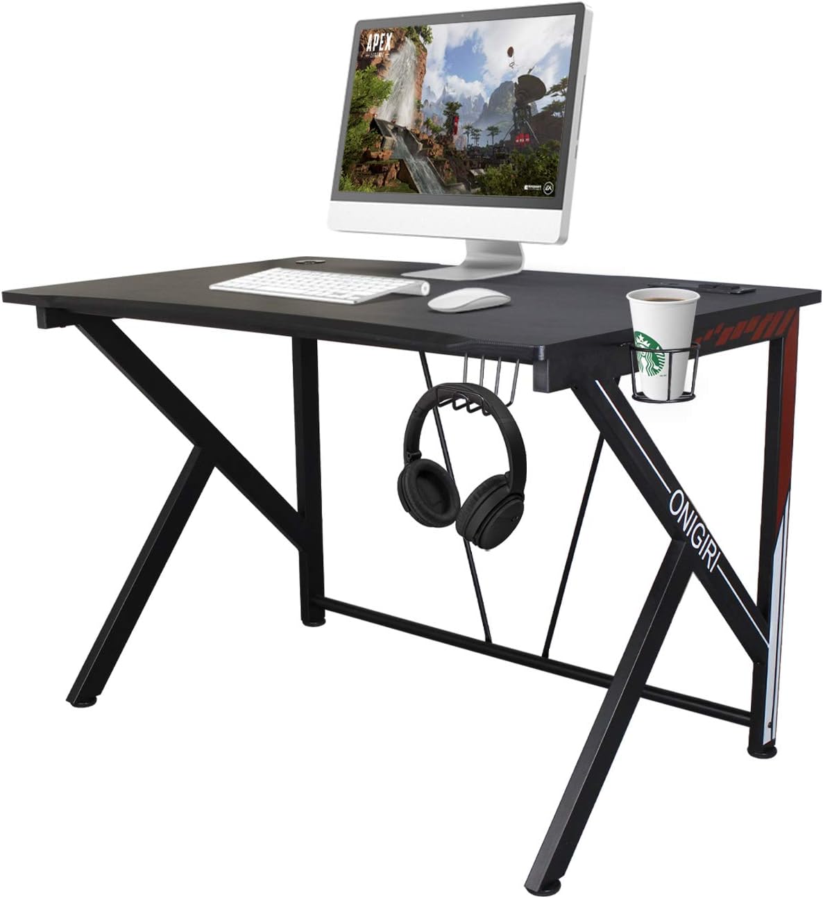 K-Shaped Gaming Desk Workstation 45.7" Black Carbonized Pattern with USB Charging Port,Headphone Hook and Cup Holder Gaming Table