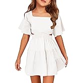 Batermoon Girls Summer Dress Square Neck Short Sleeve Crossover Waist Casual A-line Mini Dress