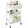danpinera 3-Tier Rolling Cart, Metal Rolling Storage Cart with Lockable Wheels & Hanging Cups & Hooks, Mobile Trolley Cart for Kitchen, Bathroom, Office, Workshop, White