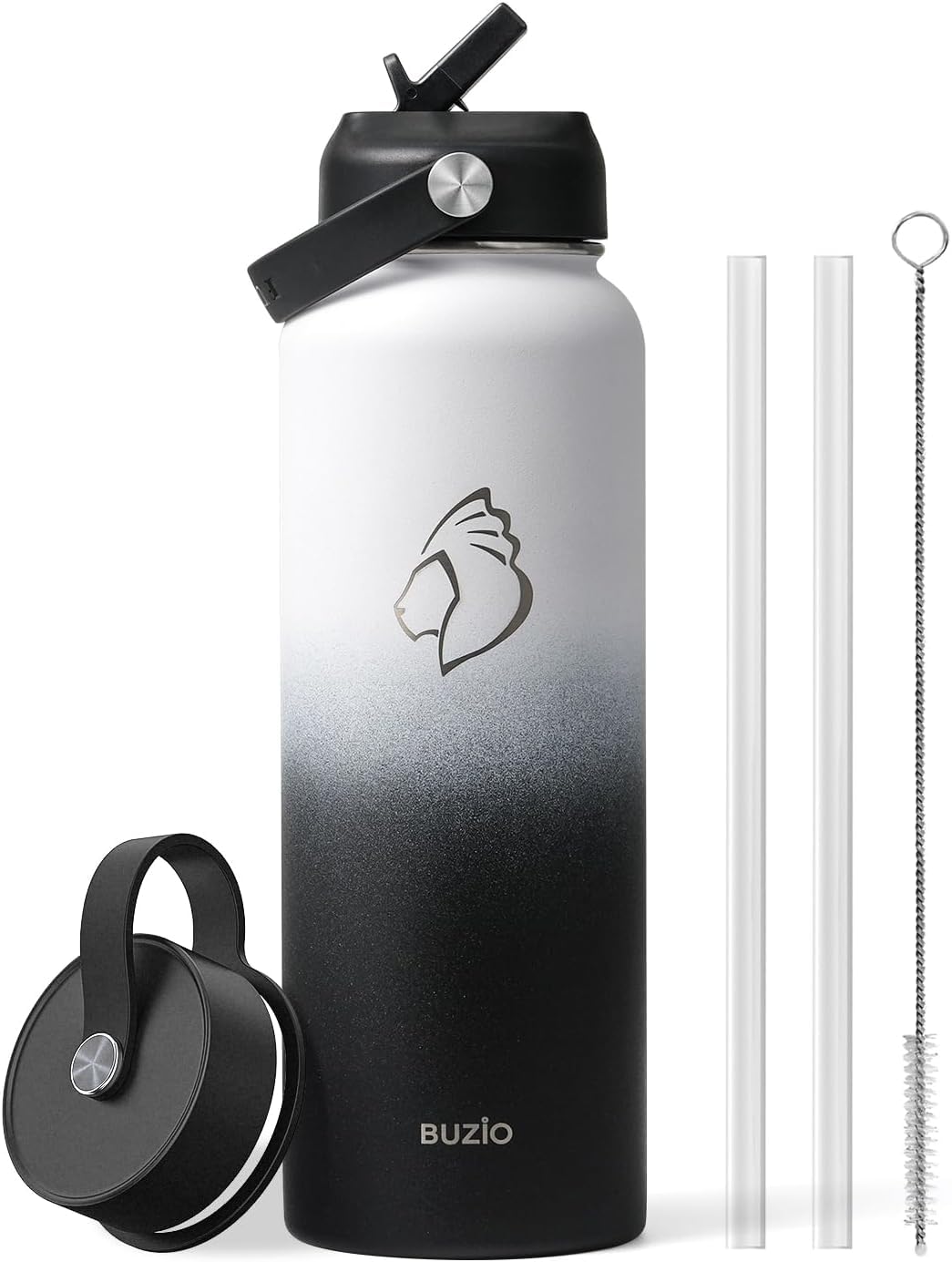 Stainless Steel Water Bottle with Straw, BUZIO Insulated Water Bottle with Straw Lid and Flex Cap 1180 ml Vacuum Cold for 48 Hrs, Hot for 24 Hrs Double Wall Wide Mouth BPA Free Leak Proof, White Black