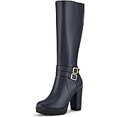 Perphy Round Toe Platform Chunky Heels Knee High Boots for Women