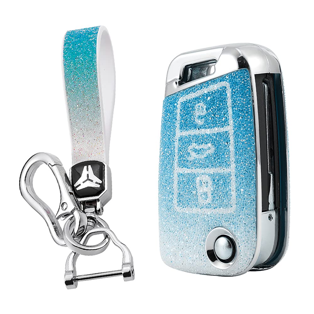 HIBEYO Bling Car Key Case Suitable for VW Protective Car Key Cover for Golf 7 MK7 Passat Skoda Superb Kodiaq Fabia Octavia Seat Leon Ateca Remote Key Box PC + Rhinestone Blue