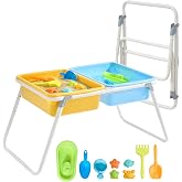FUNLIO Foldable Sand and Water Table for 3-6 Years, Height Adjustable Toddler Sensory Table with dust Cover, 2 Storage Bins &amp; Beach Accessories, Easy to Carry &amp; Storage, CPC Certified