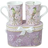 Lightahead Elegant Bone China Two Coffee Mugs Set in Bird Design 10.8 oz Each Cup in Attractive Gift Box