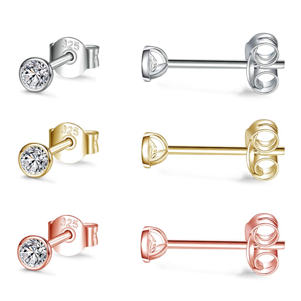 CERSLIMO Silver Stud Earrings for Women Men Girls, 3 Pairs Sterling Silver Tiny Round Stud Earrings Small Dainty Cartilage Tragus Cubic Zirconia Earrings Set (3mm, Silver/Gold/Rose Gold)