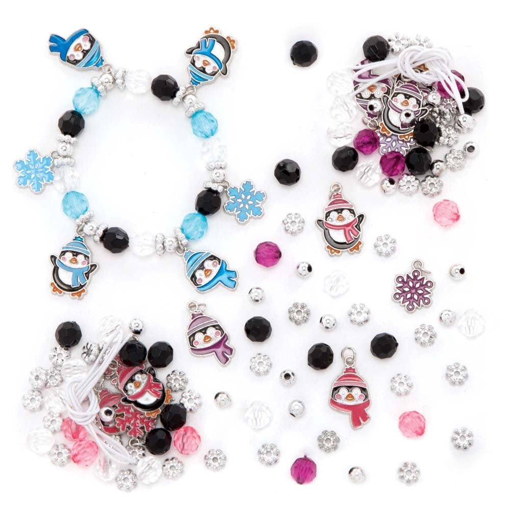 Baker Ross FE838 Penguin Charm Bracelet Kits - Pack of 3, Perfect for Kids Jewellery Making, Bead Art or Birthday Party Craft Activities, Xmas Craft Gifts for Girls