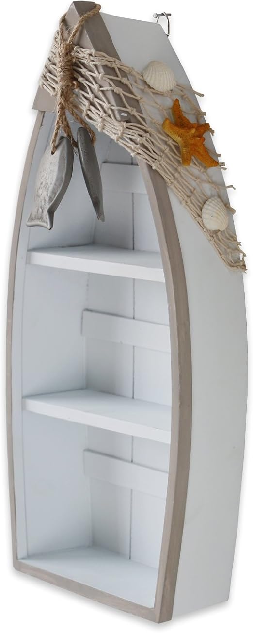 Wooden Boat Shelf, 16.5"H Standing Boat Display with Fish Net Starfish