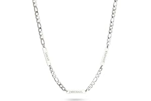 Men Necklace – Engraved Necklaces for Guys with 1–5 Kids Names – Personalized Dad Pendant with Silver Figaro Chain – Custom G
