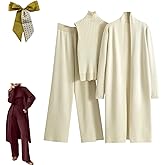 3PCS Womens Knitted Pants Suit with Cardigan Turtleneck Sweater Set,3 Piece Autumn Winter Knit Lounge Set,Fall Travel Outfits