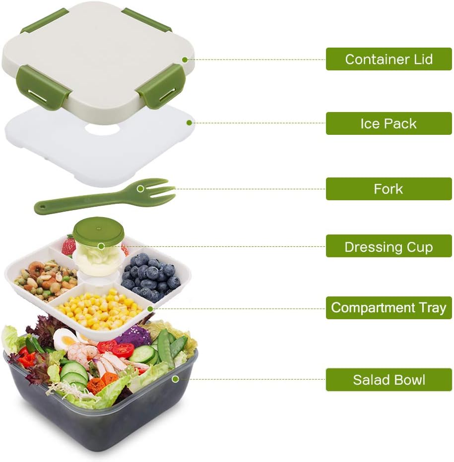  | Rassody 74 OZ Salad Container To Go for Lunch with Ice Pack, Dressing Cup and 4 Compartments for Salads Toppings, Snacks, Fruits, Built-In Fork, Large Mixing Bowl, Leak-Proof, Reusable and BPA-Free: Salad Bowls