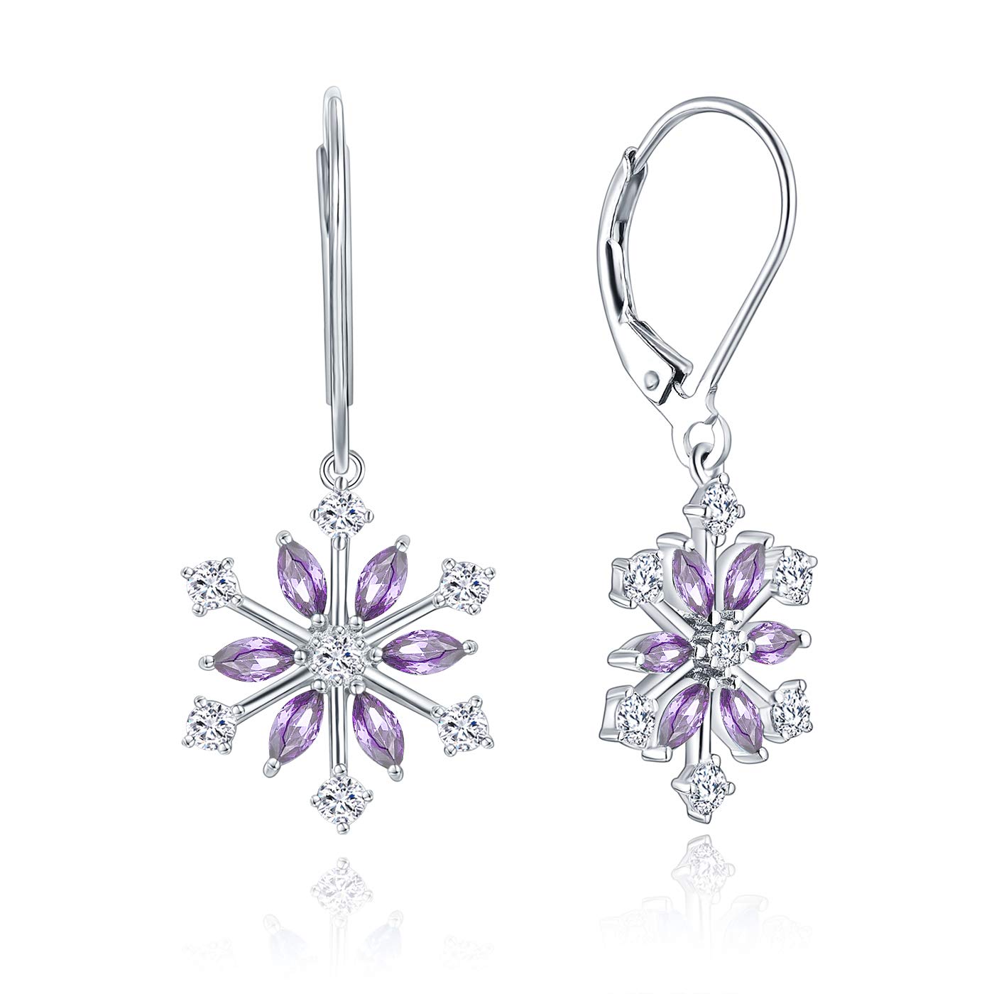 JO WISDOM Snowflake Earrings,925 Sterling Silver 3A Cubic Zirconia February Birthstone Amethyst Color Dangle & Drop Earrings,Jewellery for Women