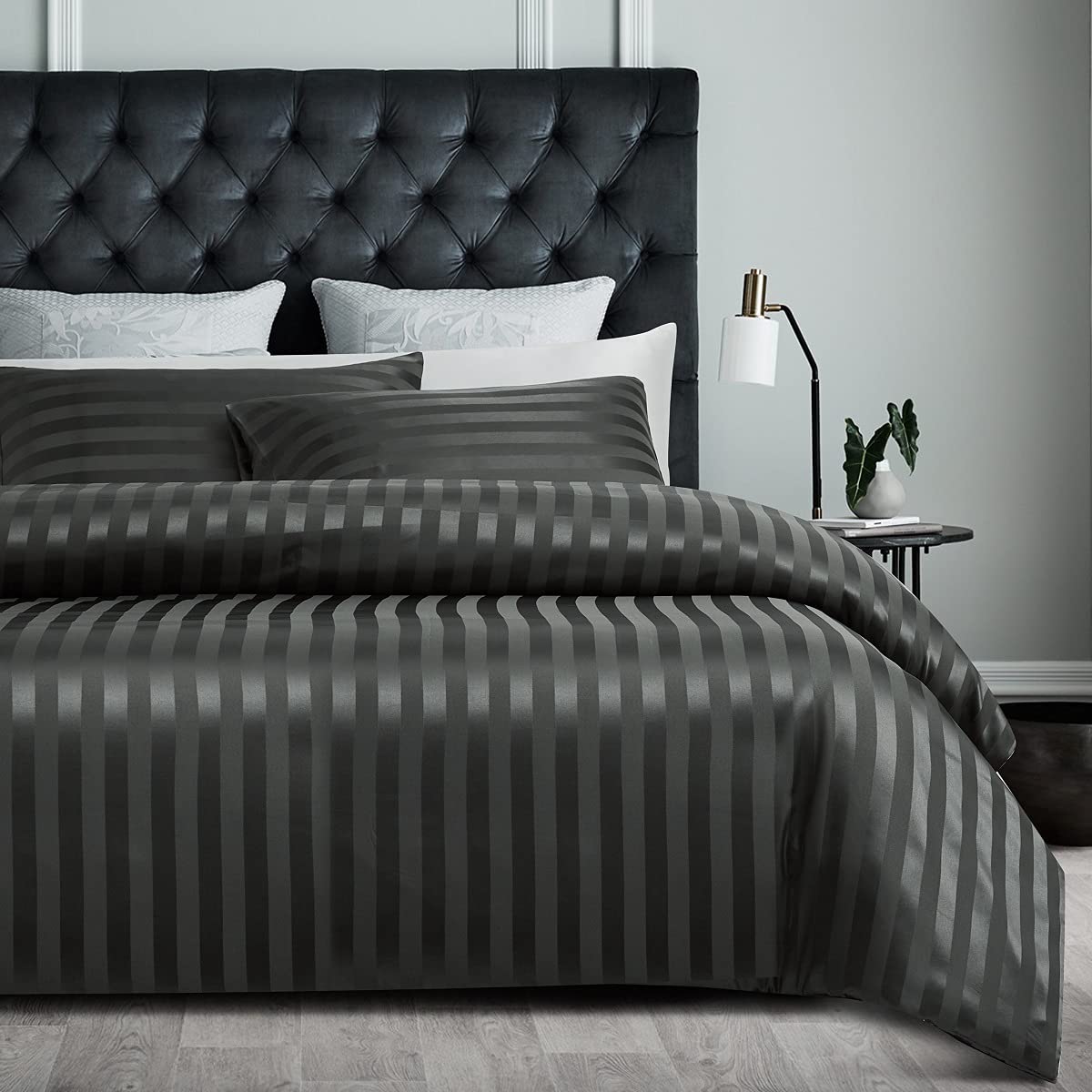 Lanqinglv Duvet Cover Set King Size Dark Grey Satin Luxury Bedding Set Stripes Solid Color Shiny Silky Soft Reversible Quilt Cover 220x240 cm with 2 Pillowcases 50x75 cm