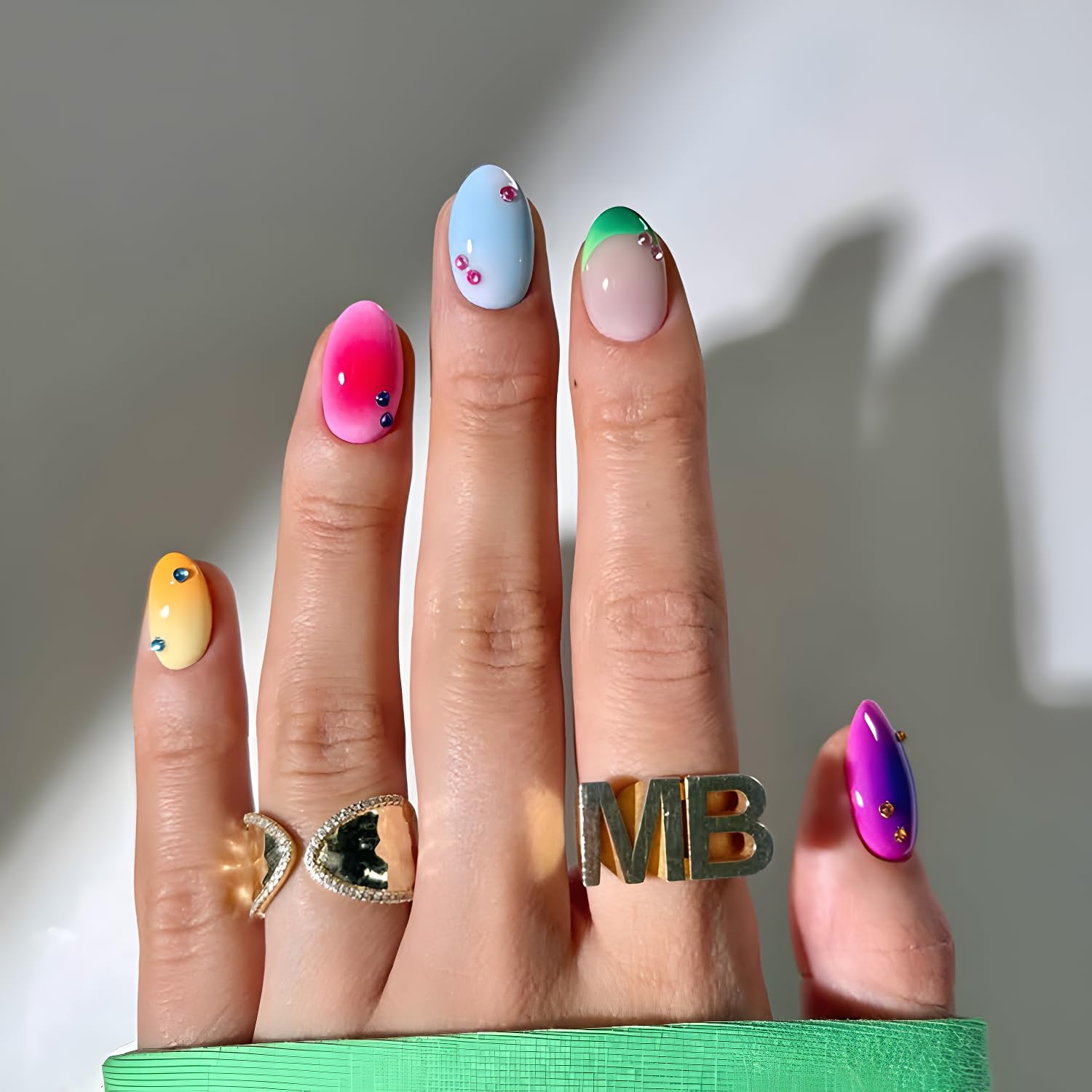 Photo 1 of 24Pcs Fake Nails French Tip Press on Nails Short Almond Stick on Nail Colorful Glue on Nail with Rhinestones Design Colorful Gradient Nails Press Ons for Women DIY False Nails Decoration Set