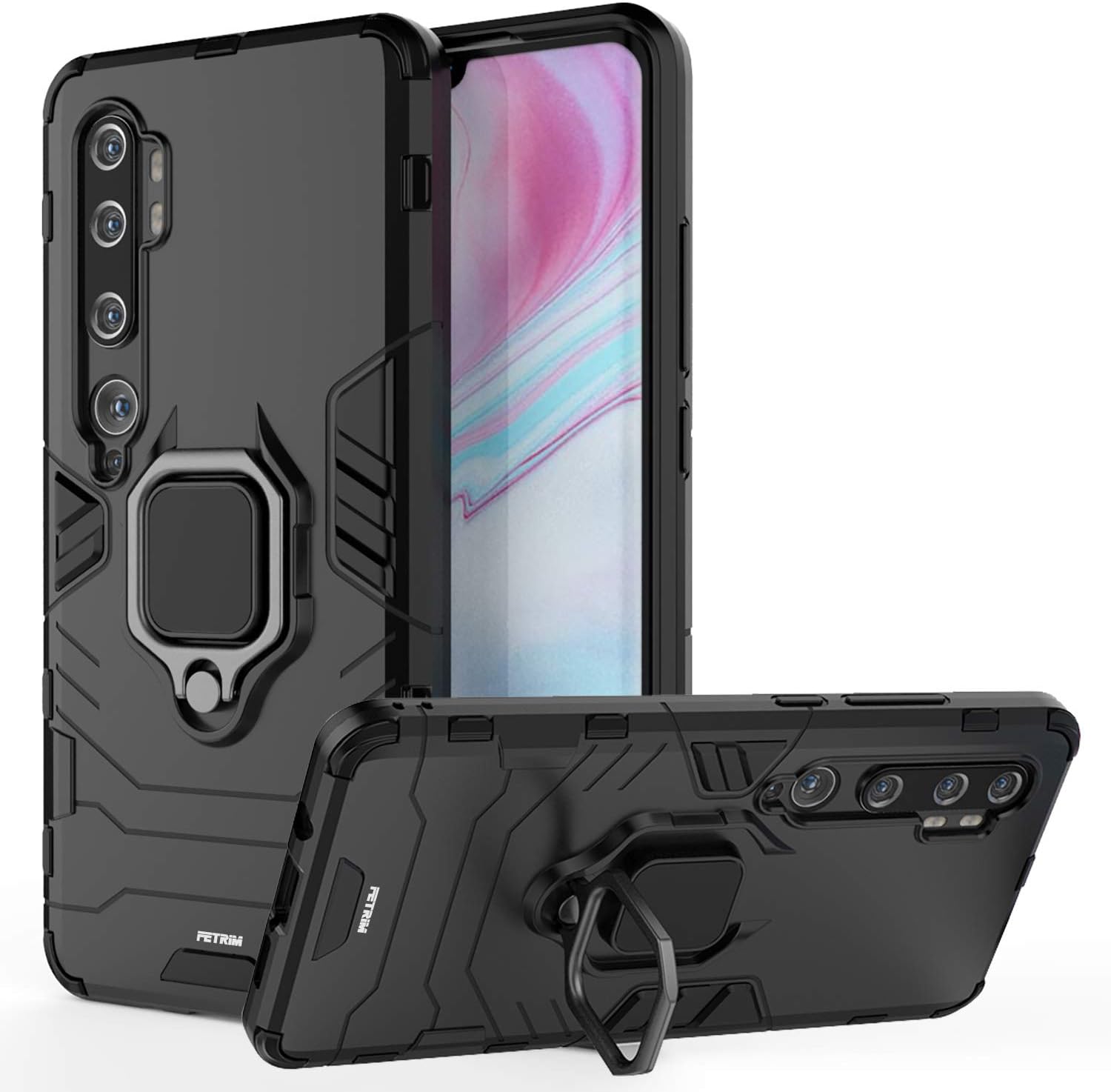 Fetrim XiaoMi MI Note 10 Case, TPU Plastic Dual Layer Shockproof Cover for Xiaomi MI CC9 PRO/MI Note 10 with 360 Degree Rotation Ring Holder Kickstand (Black)