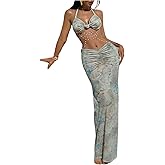Milumia Women's Tie Dye Halter Maxi Dress Sexy Pearls Chain Backless Fishtail Vacation Dresses