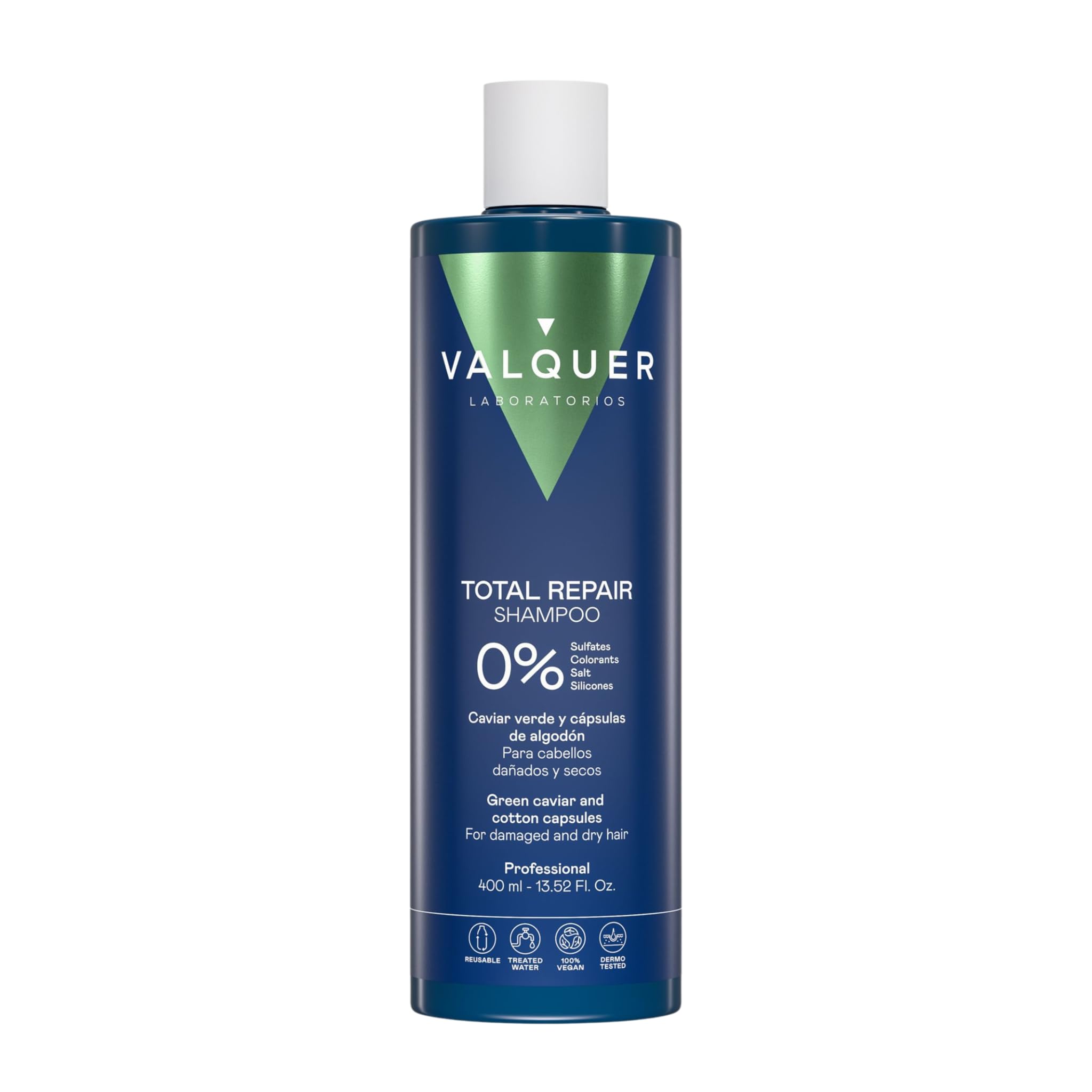 Valquer Total Repair Zero Shampoo. Repairs, Softens and Moisturizes Damaged and Dry Hair. Intense and Nutritious Hydration. With Green Caviar, Panthenol, Vitamin E and Cotton Capsules. Vegan. 400ml — image 1