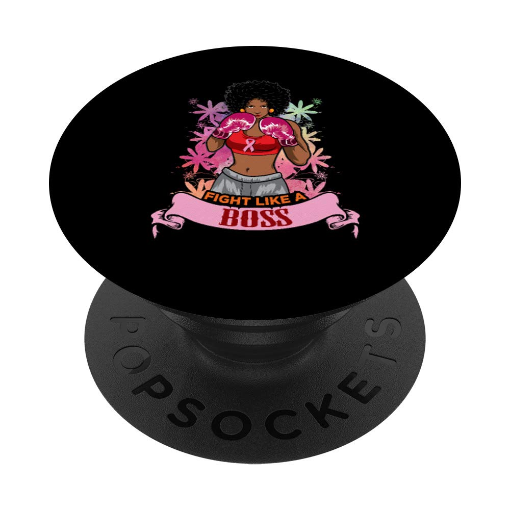 Black Girl Pink Warrior Breast Cancer Awareness Boxing PopSockets Swappable PopGrip