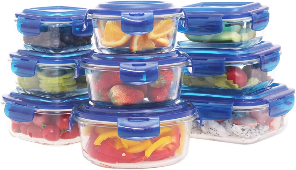 Glass Food Storage Containers Set with Blue Locking Lids, BPA Free Oven Freezer Dishwasher Microwave Safe Portion Control Meal Prep Lunch Containers (18 Piece)