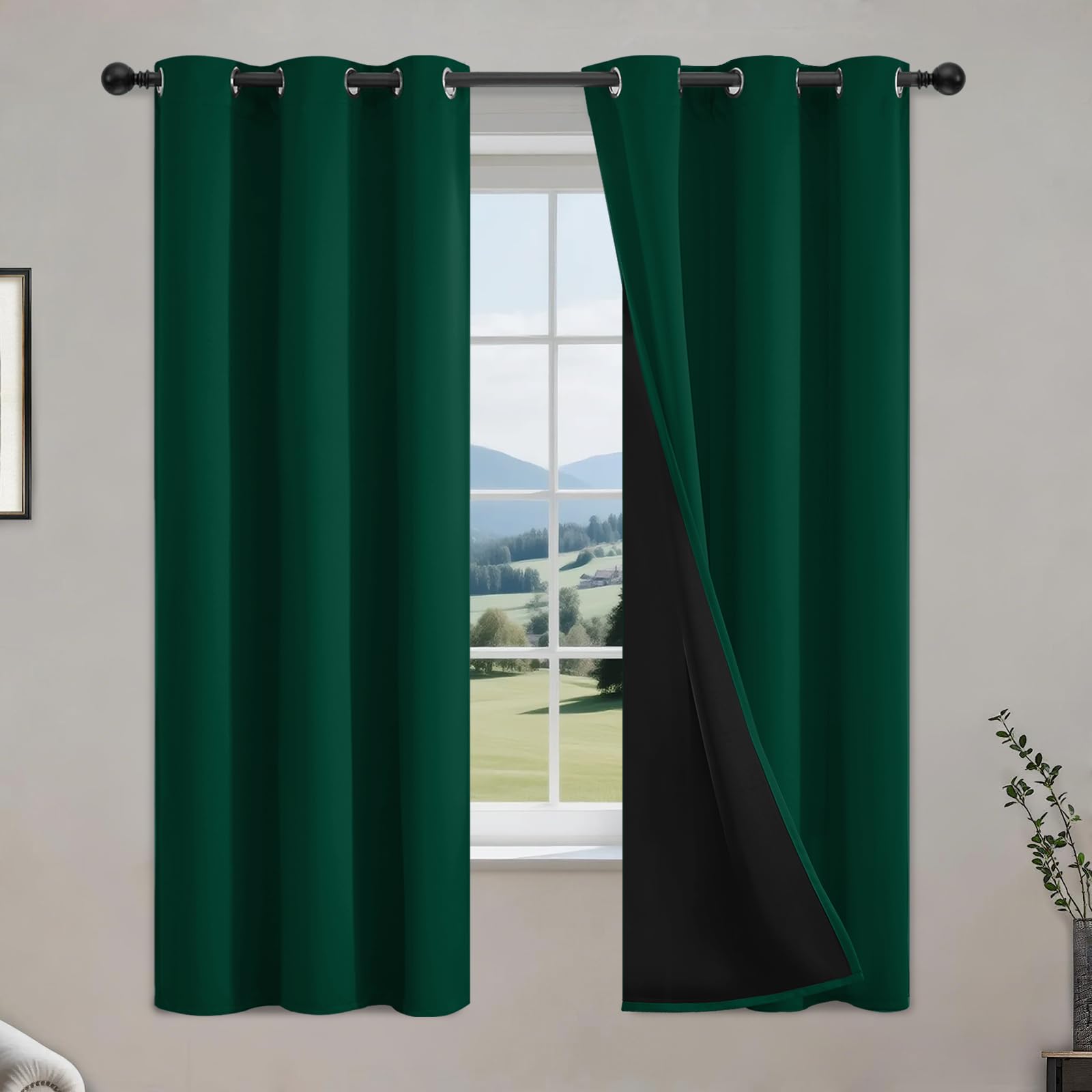 COSVIYA 100% Green Blackout Curtains for Bedroom Kids Room 63 Inches Length 2 Panels Set, Full Light Blocking Thermal Insulated Grommet Nursery Window Treatment Drapes with Black Liner,W40 x L63 Image