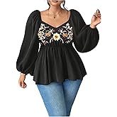 Floerns Women's Plus Size Boho Floral Blouse Embroidery Puff Sleeve Ruffle Peplum Tops