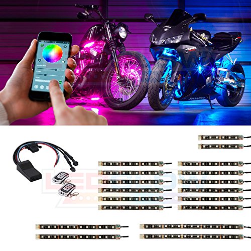 LEDGlow 18pc Advanced Million Color LED Flexible Motorcycle Lighting Strip Kit - Bluetooth-Connected Smartphone App - 174 LEDs - Waterproof Control Box - Dual Zone Control - 2 Wireless Remotes