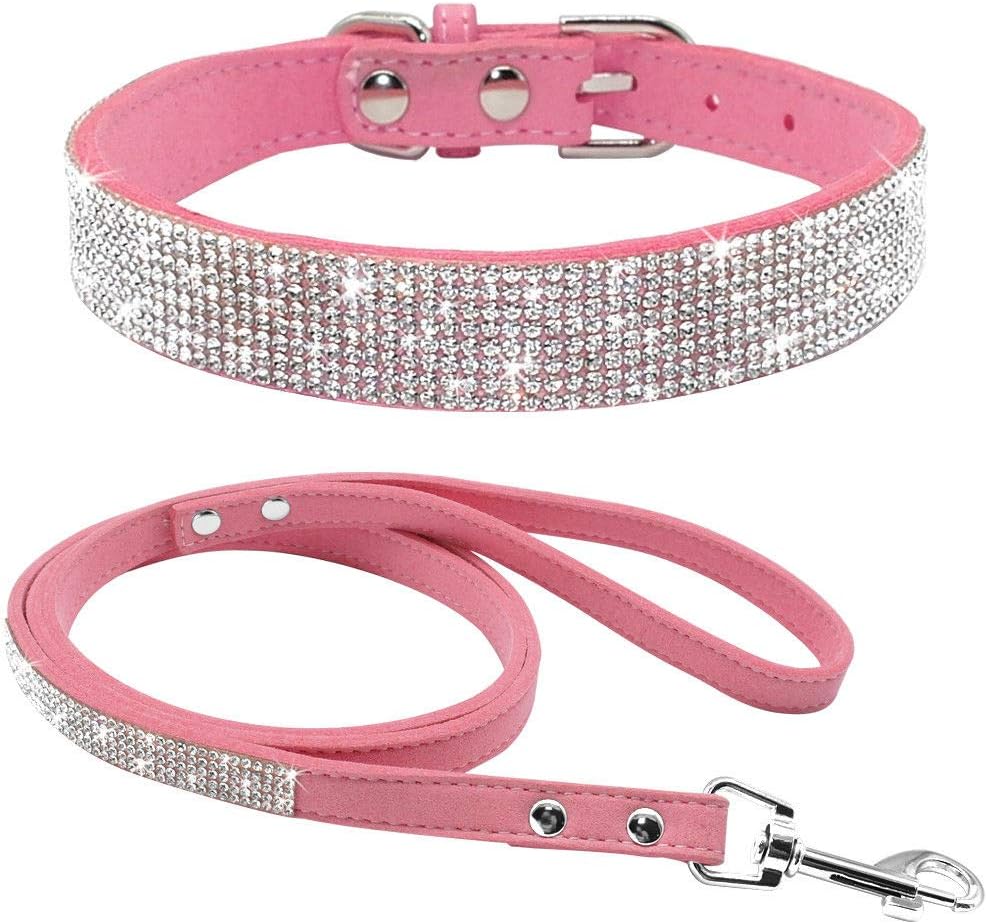 Haoyueer Cute Dazzling Sparkling Elegant Fancy Soft Suede Leather Bling Rhinestone Crystal Jeweled Pet Cat Dog Puppy Collar Dog Leash Combo Set