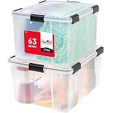 IRIS USA WeatherPro 63 Qt Storage Bins with Lids, 2 Pack, BPA-Free Plastic Gasket Box with Tight Latch and Seal, Stackable Nestable Tote Tub - Clear/Black