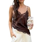 Women Satin Lace Cami Tops Y2k Asymmetrical Camisole Sexy Spaghetti Strap Side Slit Tank Top Trendy Going Out Tops