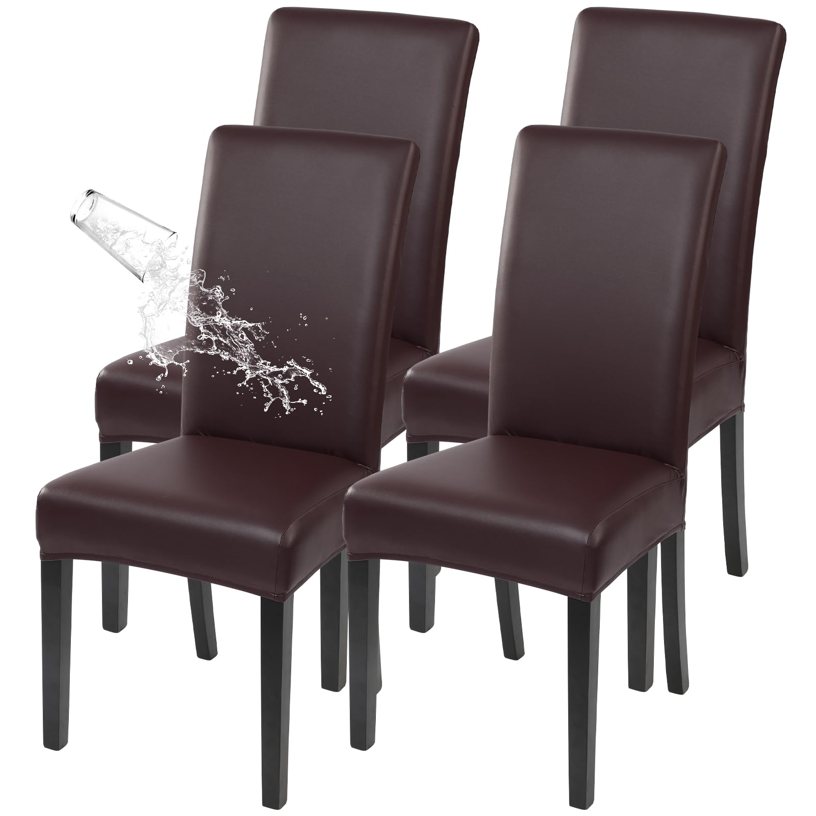 Photo 1 of SearchI Waterproof PU Leather Dining Chair Covers Set of 4, Stretch Oilproof Parsons Chair Slipcovers Removable Washable Kitchen Chair Protector for Dining Room (Brown)