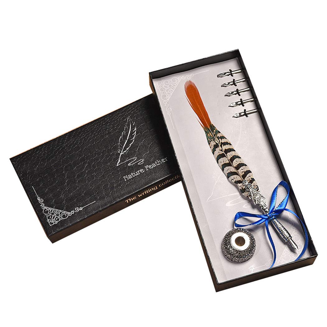 SIPLIV Antique Feather Dip Pen Set - Feather Calligraphy Pen, 5 Different Models Pen Nib and A Stand, Wedding Christmas Birthday Holiday Gifts Quill Pen - Style B