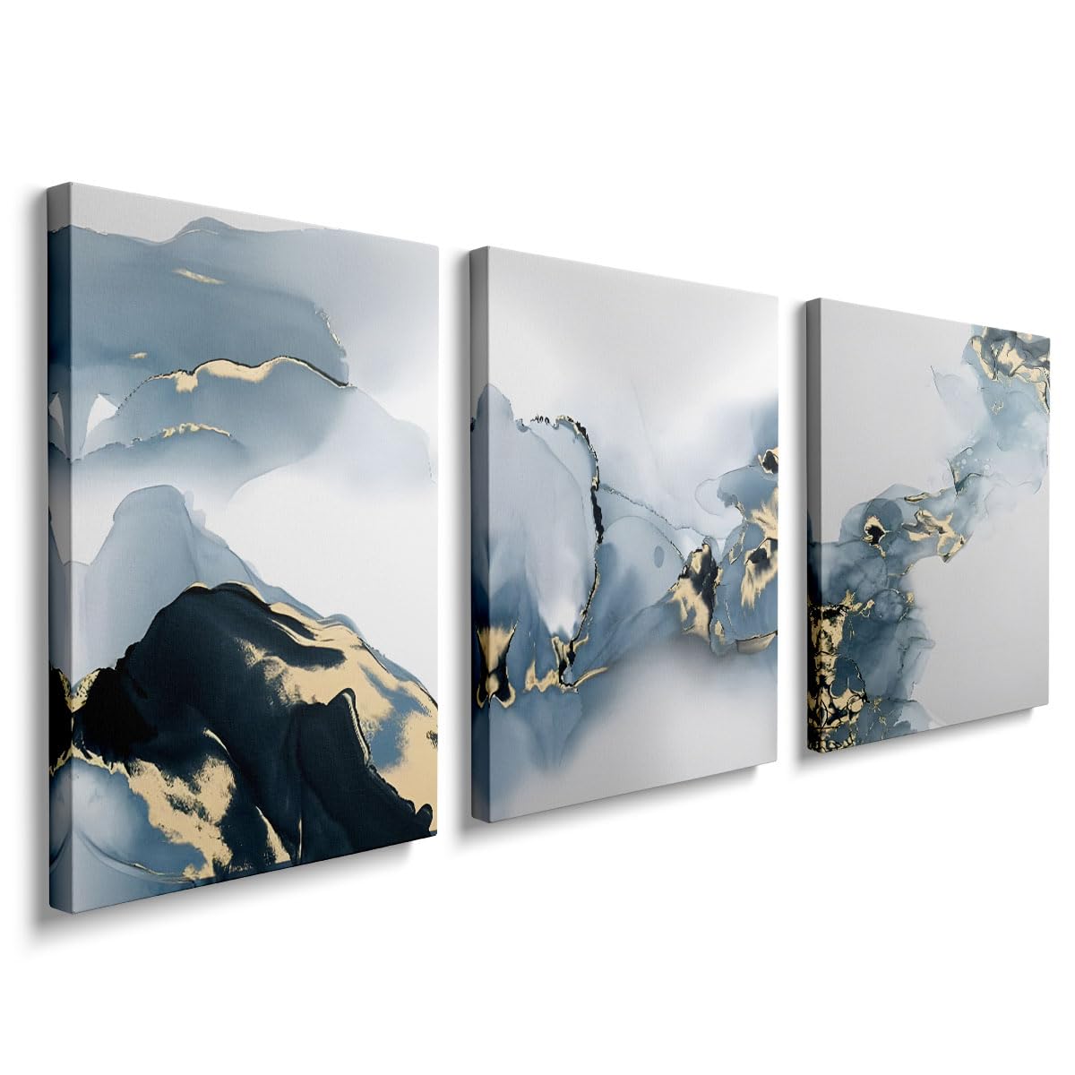 3 Panels Wooden Framed Wall Art Blue and Gold Marble Abstract Painting on Canvas Prints Poster Pictures for Living Room Bedroom Bathroom Home Office Wall Decoration Ready To Hang (30 x 40 cm), YH099