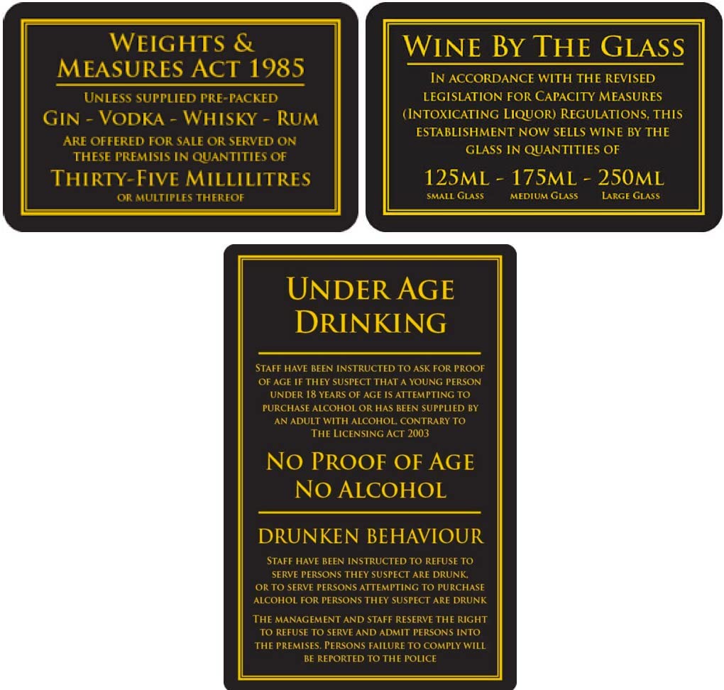 Mileta Weights & Measures Act 35ml Sign & Wine by the Glass 125ml 175ml 250ml & Under Age Law Sign Black - Gold - Pack of 3 Signs