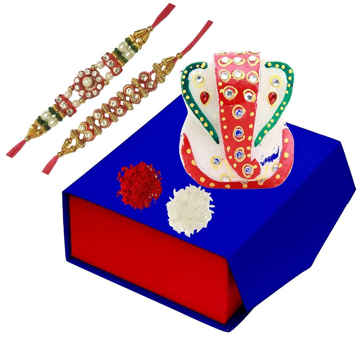Purpledip Bhai Dooj Rakhi Gift Set: Small Ganesha Marble Statue, 2 Designer Rakshabandhan Bracelets, Roli Chawal Tika in A Classy Gift Box (rakhi68)