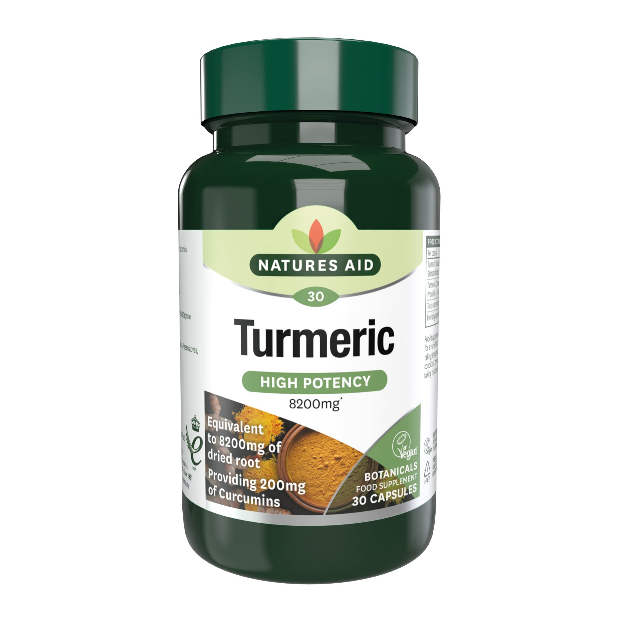 Natures Aid Turmeric 8200mg – High Strength Curcumin 200mg – Dried Root Whole Herb Extract – Supports Joint & Immune Health – Vegan, Non-GMO, Gluten-Free – 30 Capsules