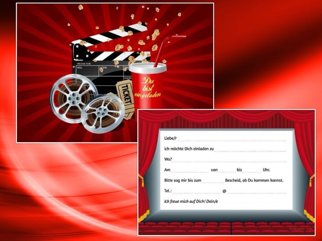Edition Colibri 10 x Cinema Invitation Cards Children's Birthday Boy Girl, Colourful Cinema and Popcorn Motifs, 'Invitation' - Image 4